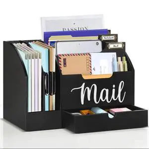 Wood Desk Organizer, Mail Organizer Countertop with Drawer, Black | Fantasyon Desktop Mail Organizer with 6 Compartments, Wood Desk Drawer Organizer for File Letter Paper Folder Wood Desk Organizer, Mail Organizer Countertop with Drawer, Black | Fantasyon Desktop Mail Organizer with 6 Compartments, Wood Desk Drawer Organizer for File Letter Paper Folder