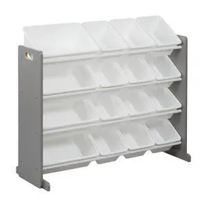 4-Tier Organizer with 16 Removable Plastic Bins, 4x4, Toy Storage, Grey/White 4-Tier Organizer with 16 Removable Plastic Bins, 4x4, Toy Storage, Grey/White