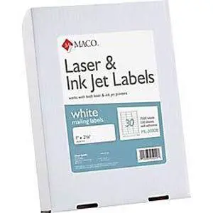 White Laser/Ink Jet Address Labels, ML-3000B, Permanent Adhesive, 1"W x 2 5/8"L, Rectangle, White - 30 Per Sheet, Box of 7,500 White Laser/Ink Jet Address Labels, ML-3000B, Permanent Adhesive, 1"W x 2 5/8"L, Rectangle, White - 30 Per Sheet, Box of 7,500