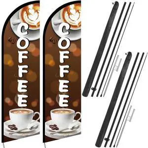 2 Pcs 11 ft Coffee Feather Flag Coffee Advertising Swooper Banner with Pole and Ground Stake Windless Shop Sign Tall for Outdoor Business Advertising 2 Pcs 11 ft Coffee Feather Flag Coffee Advertising Swooper Banner with Pole and Ground Stake Windless Shop Sign Tall for Outdoor Business Advertising
