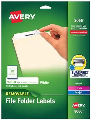 Removable File Folder Labels, Sure Feed Technology, 2/3" x 3-7/16", 5 Packs, 3,750 Printable Labels (8066) Removable File Folder Labels, Sure Feed Technology, 2/3" x 3-7/16", 5 Packs, 3,750 Printable Labels (8066)