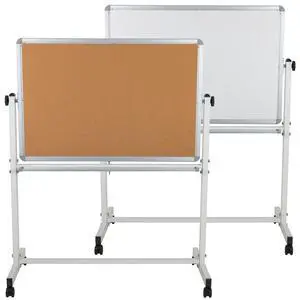 HERCULES Series 45.25"W x 54.75"H Reversible Mobile Cork Bulletin Board and White Board with Pen Tray HERCULES Series 45.25"W x 54.75"H Reversible Mobile Cork Bulletin Board and White Board with Pen Tray
