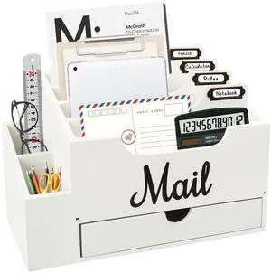 Wood Mail Organizer Countertop, with 6 Compartments and Drawer | Desktop Mail Organizer, Wood Mail Holder Office Accessories for File Letter Paper Folder,Dual Desk & Wall Mount Design, White Wood Mail Organizer Countertop, with 6 Compartments and Drawer | Desktop Mail Organizer, Wood Mail Holder Office Accessories for File Letter Paper Folder,Dual Desk & Wall Mount Design, White