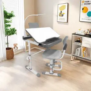 Kids Desk and Chair Set,Height Adjustable,Spacious Storage Drawer | with Adjustable Tilted Desktop, Bookstand, Touch Led Lamp for School Student (gray set) Kids Desk and Chair Set,Height Adjustable,Spacious Storage Drawer | with Adjustable Tilted Desktop, Bookstand, Touch Led Lamp for School Student (gray set)