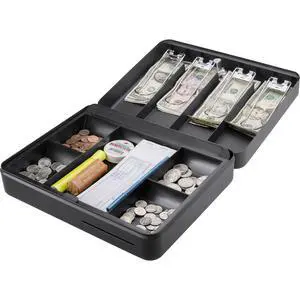 12-Inch Fold Out Cash Box with Key Lock Drop Slot, 4 Bill Compartments, 5 Coin Tray Sections, Steel Construction, Portable Money Box Home, Office, Events - Cash Box with Money Tray and Lock 12-Inch Fold Out Cash Box with Key Lock Drop Slot, 4 Bill Compartments, 5 Coin Tray Sections, Steel Construction, Portable Money Box Home, Office, Events - Cash Box with Money Tray and Lock