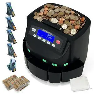 USD Coin Counter Machine with LCD Display,Coin Sorter and Wrapper Machine,Sorts 151025$1 up to 300 Coins/min,2000-coin Capacity,Business Grade,5 Bins&5 Tubes,Automatic Wrapper (Black) USD Coin Counter Machine with LCD Display,Coin Sorter and Wrapper Machine,Sorts 151025$1 up to 300 Coins/min,2000-coin Capacity,Business Grade,5 Bins&5 Tubes,Automatic Wrapper (Black)