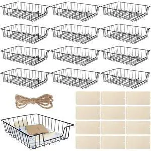 12 Pack Wire Paper Baskets for Organizing, Metal Desktop File Organizer, Office Document Storage Basket with Wooden Tags, Paper Trays for Classroom Home School Desktop, 14 x 10 x 3 Inch, Black 12 Pack Wire Paper Baskets for Organizing, Metal Desktop File Organizer, Office Document Storage Basket with Wooden Tags, Paper Trays for Classroom Home School Desktop, 14 x 10 x 3 Inch, Black