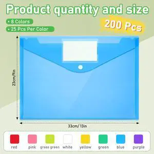 200 Pack Plastic Envelopes Clear Poly with Snap Button Closure Colored Document Folders Plastic Envelopes for Home Office School Work Organization Supplies 8 Colors, A4 Size (Label) 200 Pack Plastic Envelopes Clear Poly with Snap Button Closure Colored Document Folders Plastic Envelopes for Home Office School Work Organization Supplies 8 Colors, A4 Size (Label)