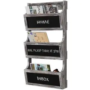 Wall Mounted Torched Solid Wood Magazine and Mail Holder Organizer Rack with 3 Slots and Chalkboard Labels Wall Mounted Torched Solid Wood Magazine and Mail Holder Organizer Rack with 3 Slots and Chalkboard Labels