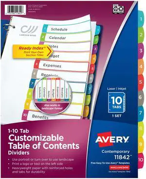 Dividers for 3 Ring Binders, 10 Tabs per Set, Customizable Table of Contents, Multicolor Arched Tabs, Great for Organizing Reports, Projects, and More (36 Sets of 11842) Dividers for 3 Ring Binders, 10 Tabs per Set, Customizable Table of Contents, Multicolor Arched Tabs, Great for Organizing Reports, Projects, and More (36 Sets of 11842)