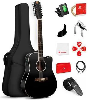 12 String Guitar Acoustic Electric, Upgraded Guitar 12 Strings Bundle for Beginner Intermediate Adults Teens, Guitarra de 12 Cuerdas, Spruce Top Bone Nut, Black, Matte 12 String Guitar Acoustic Electric, Upgraded Guitar 12 Strings Bundle for Beginner Intermediate Adults Teens, Guitarra de 12 Cuerdas, Spruce Top Bone Nut, Black, Matte