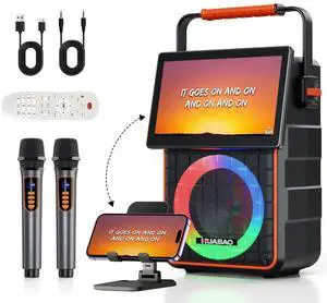 Portable Karaoke Machine with 10.1 Rotatable HD Screen, Wireless Screen Mirroring for iOS & Android, Bluetooth Speaker with Lyrics Display, PA System with 2 Wireless Microphones & LED Lights for Home Portable Karaoke Machine with 10.1 Rotatable HD Screen, Wireless Screen Mirroring for iOS & Android, Bluetooth Speaker with Lyrics Display, PA System with 2 Wireless Microphones & LED Lights for Home