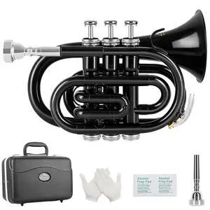 Pocket Trumpet Brass Bb Trumpet with 7C Mouthpiece, Hard Case, Strap, Gloves, Cleaning Kit for Students and Beginners(Black) Pocket Trumpet Brass Bb Trumpet with 7C Mouthpiece, Hard Case, Strap, Gloves, Cleaning Kit for Students and Beginners(Black)