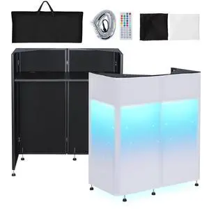 Portable DJ Booth 20"x42.5"x45.3" with Dual Top Corners, DJ Facade Booth with Cable Hole, DJ Table Stand with Light Strip and Remote Control, Metal Frame + Black & White Scrims + Carry Bag Portable DJ Booth 20"x42.5"x45.3" with Dual Top Corners, DJ Facade Booth with Cable Hole, DJ Table Stand with Light Strip and Remote Control, Metal Frame + Black & White Scrims + Carry Bag