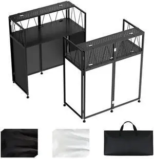 Portable DJ Table Stand, Tool-Free Setup Foldable 40" x 20" DJ Stand Booth w/ 2 Top Trays, Black & White Scrims, 4IN Adjustable Leveling Feet, 5 Cable Holes and Carry Bag, for Parties, Events, Studios Portable DJ Table Stand, Tool-Free Setup Foldable 40" x 20" DJ Stand Booth w/ 2 Top Trays, Black & White Scrims, 4IN Adjustable Leveling Feet, 5 Cable Holes and Carry Bag, for Parties, Events, Studios