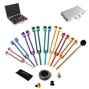 Weighted Chakra Tuning Fork Set, Solfeggio Healing Forks with Box | 7 Chakra frequencies, clear resonance, aluminum alloy design, ideal for sound therapy, Reiki, meditation and yoga Weighted Chakra Tuning Fork Set, Solfeggio Healing Forks with Box | 7 Chakra frequencies, clear resonance, aluminum alloy design, ideal for sound therapy, Reiki, meditation and yoga