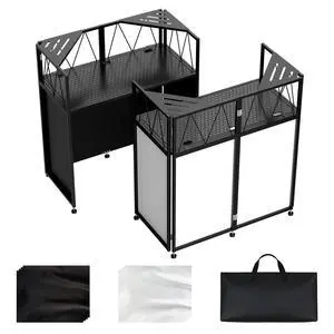 Portable DJ Booth Facade Stand, DJ Table Stand, DJ Facade Booth with White & Black Scrims, Includes Carry Bag & Two Top Corners Table, Tool-Free Setup, for Parties, Events, Studios (40"L x 20"W) Portable DJ Booth Facade Stand, DJ Table Stand, DJ Facade Booth with White & Black Scrims, Includes Carry Bag & Two Top Corners Table, Tool-Free Setup, for Parties, Events, Studios (40"L x 20"W)