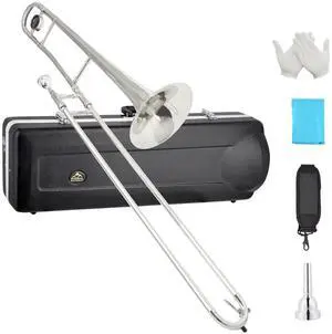 Bb Tenor Slide Trombone, B Flat Brass Plated Trombone Instrument for Beginners Students with Hard Case, with Mouthpiece, White Gloves (12.5mm/200 mm), Nickel Bb Tenor Slide Trombone, B Flat Brass Plated Trombone Instrument for Beginners Students with Hard Case, with Mouthpiece, White Gloves (12.5mm/200 mm), Nickel
