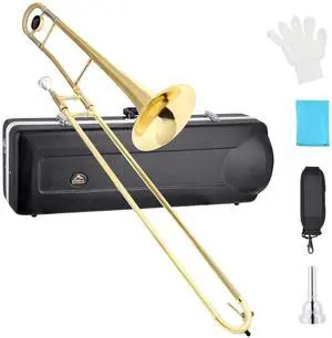 Bb Tenor Slide Trombone, B Flat Brass Plated Trombone Instrument for Beginners Students with Hard Case, with Mouthpiece, White Gloves (12.5mm/200 mm), Golden Bb Tenor Slide Trombone, B Flat Brass Plated Trombone Instrument for Beginners Students with Hard Case, with Mouthpiece, White Gloves (12.5mm/200 mm), Golden