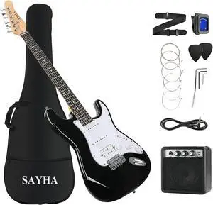 Electric Guitar, 39 Inch Solid Full-size Electric Guitar HSS Pickups Starter Kit Includes Amplifier, Bag, Digital Tuner, Strap, String, Cable, PicksBlack Electric Guitar, 39 Inch Solid Full-size Electric Guitar HSS Pickups Starter Kit Includes Amplifier, Bag, Digital Tuner, Strap, String, Cable, PicksBlack