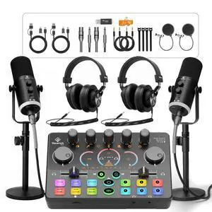 Podcast Equipment Bundle for 2, Dynamic XLR/USB Gaming Microphone & Streaming Audio Mixer with RGB Lights, Perfect for Podcast, Recording, Video Vocal, PC Podcast Equipment Bundle for 2, Dynamic XLR/USB Gaming Microphone & Streaming Audio Mixer with RGB Lights, Perfect for Podcast, Recording, Video Vocal, PC