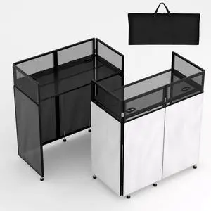 Portable DJ Booth 41"L x 20"W DJ Facade with White & Black Scrim, Foldable DJ Table Station with Adjustable Feet for Party, Black Metal Frame Portable DJ Booth 41"L x 20"W DJ Facade with White & Black Scrim, Foldable DJ Table Station with Adjustable Feet for Party, Black Metal Frame