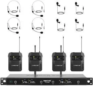 4-Ch UHF Headset/Lapel Wireless Microphone System PTU-5200-4B | 4 Bodypacks, 4 x 25 Frequencies, 200 ft Range, Hands-Free Vocals, Stage Performances, Church Services 4-Ch UHF Headset/Lapel Wireless Microphone System PTU-5200-4B | 4 Bodypacks, 4 x 25 Frequencies, 200 ft Range, Hands-Free Vocals, Stage Performances, Church Services