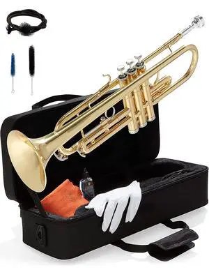 Bb Standard Trumpet Set for Beginners - Golden | Brass Trumpet Instrument with Hard Case, 7C Mouthpiece, Valve Oil, Cleaning Cloth & Maintenance kit & Gloves Bb Standard Trumpet Set for Beginners - Golden | Brass Trumpet Instrument with Hard Case, 7C Mouthpiece, Valve Oil, Cleaning Cloth & Maintenance kit & Gloves