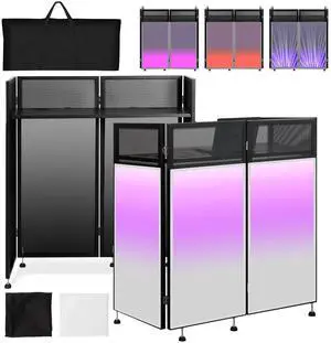 Portable DJ Booth 43"L x 20"W x 45"H, DJ Facade Booth with Black & White Scrims, Folding DJ Booth for Party, DJ Facade Table Booth with Cable Hole, Black Metal Frame + Carry Bag Portable DJ Booth 43"L x 20"W x 45"H, DJ Facade Booth with Black & White Scrims, Folding DJ Booth for Party, DJ Facade Table Booth with Cable Hole, Black Metal Frame + Carry Bag