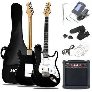 Solid Body Electric Guitar Kit with Amp 20W, Strings, Strap, Digital Tuner, Picks, Gig Bag, Cable, Tremolo Bar, 39" Full Size Guitar HSS Pickups Guitarra Electrica Beginner Gift - Black Solid Body Electric Guitar Kit with Amp 20W, Strings, Strap, Digital Tuner, Picks, Gig Bag, Cable, Tremolo Bar, 39" Full Size Guitar HSS Pickups Guitarra Electrica Beginner Gift - Black