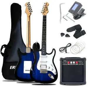 Solid Body Electric Guitar Kit with Amp 20W, Strings, Strap, Digital Tuner, Picks, Gig Bag, Cable, Tremolo Bar, 39" Full Size Guitar HSS Pickups Guitarra Electrica Beginner Gift - Blue Solid Body Electric Guitar Kit with Amp 20W, Strings, Strap, Digital Tuner, Picks, Gig Bag, Cable, Tremolo Bar, 39" Full Size Guitar HSS Pickups Guitarra Electrica Beginner Gift - Blue