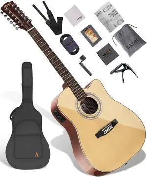 12-String Acoustic Electric Guitar: Mahogany Back and Sides with Spruce Top, 41-inch Cutaway Body, Built-in Pickup; Deluxe Set Includes Guitar Bag, Tuner, Cable, Capo, Strings & Picks (PL-NA) 12-String Acoustic Electric Guitar: Mahogany Back and Sides with Spruce Top, 41-inch Cutaway Body, Built-in Pickup; Deluxe Set Includes Guitar Bag, Tuner, Cable, Capo, Strings & Picks (PL-NA)