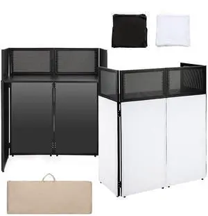 Portable DJ Booth Facade Stand | Foldable DJ Table with 38.5"x19" Surface & Cable Hole | Includes Black/White Scrims & Carry Bag for Events, Parties, Mobile DJs (DJ Station, Event Facade) Portable DJ Booth Facade Stand | Foldable DJ Table with 38.5"x19" Surface & Cable Hole | Includes Black/White Scrims & Carry Bag for Events, Parties, Mobile DJs (DJ Station, Event Facade)