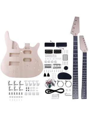Double Neck DIY Guitar & Bass Kit 6 String & 4 String Guitar Kit | Basswood Body, Hard Maple Neck, Engineered Fretboard, Chrome Hardware, Build Your Own Bass and Guitar Double Neck DIY Guitar & Bass Kit 6 String & 4 String Guitar Kit | Basswood Body, Hard Maple Neck, Engineered Fretboard, Chrome Hardware, Build Your Own Bass and Guitar