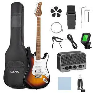 Electric Guitar Kit Beginner 39 Inch Full Size Solid Body Guitar HSS for Starter Roasted Maple Neck Fretboard Stainless Steel Frets, 5W Mini Amp, Bag, Tuner, Capo, Strap, String, Picks-Sunburst Electric Guitar Kit Beginner 39 Inch Full Size Solid Body Guitar HSS for Starter Roasted Maple Neck Fretboard Stainless Steel Frets, 5W Mini Amp, Bag, Tuner, Capo, Strap, String, Picks-Sunburst
