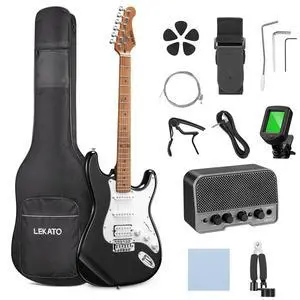 Electric Guitar Kit Beginner 39 Inch Full Size Solid Body Guitar HSS for Starter Roasted Maple Neck Fretboard Stainless Steel Frets, 5W Mini Amp, Bag, Tuner, Capo, Strap, String, Picks- Black Electric Guitar Kit Beginner 39 Inch Full Size Solid Body Guitar HSS for Starter Roasted Maple Neck Fretboard Stainless Steel Frets, 5W Mini Amp, Bag, Tuner, Capo, Strap, String, Picks- Black