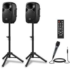 MPA80 PA System, 8 Inch Active & Passive Powered Rechargeable PA Speakers, 600W Peak Power, with 2 Tripod Stands, Wired Microphone, Remote Control, Support BT/USB/TF/FM/AUX MPA80 PA System, 8 Inch Active & Passive Powered Rechargeable PA Speakers, 600W Peak Power, with 2 Tripod Stands, Wired Microphone, Remote Control, Support BT/USB/TF/FM/AUX