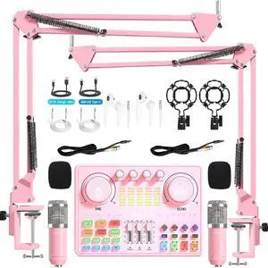 Podcast Equipment Bundle for 2: Audio Interface & DJ20 Mixer with XLR Mic, Voice Changer, 2400mAh Battery for Podcasting, TikTok Live Streaming, and Gaming (Pink) Podcast Equipment Bundle for 2: Audio Interface & DJ20 Mixer with XLR Mic, Voice Changer, 2400mAh Battery for Podcasting, TikTok Live Streaming, and Gaming (Pink)