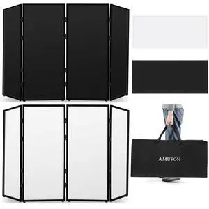 DJ Facade Booth, DJ Stand Portable Event Cover Screen with Foldable 4 Detachable Metal Frame Light Projector Display Scrim Panel Stand with Carry Bag for Party,Show,Gathering(White and Black) DJ Facade Booth, DJ Stand Portable Event Cover Screen with Foldable 4 Detachable Metal Frame Light Projector Display Scrim Panel Stand with Carry Bag for Party,Show,Gathering(White and Black)