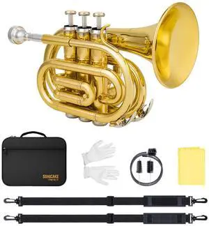 Pocket Trumpet Bb Flat - Gold Lacquer Brass Mini Trumpet Full Kit for Beginners Students with 7C Mouthpiece, Hard Case, Gloves & Cleaning Kit QPT-01 (Golden) Pocket Trumpet Bb Flat - Gold Lacquer Brass Mini Trumpet Full Kit for Beginners Students with 7C Mouthpiece, Hard Case, Gloves & Cleaning Kit QPT-01 (Golden)