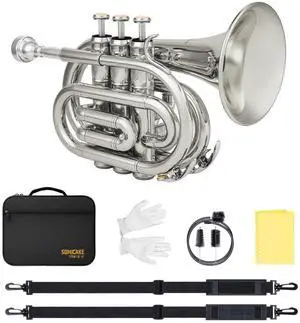 Pocket Trumpet for Beginners Students - Nickel Plated Bb Flat Mini Brass Trumpet Full Kit with 7C Mouthpiece, Hard Case, Gloves & Cleaning Kit QPT-02 (Nickel) Pocket Trumpet for Beginners Students - Nickel Plated Bb Flat Mini Brass Trumpet Full Kit with 7C Mouthpiece, Hard Case, Gloves & Cleaning Kit QPT-02 (Nickel)