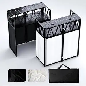 DJ Facade Booth Portable DJ Booth Table, Folding 2-Tier Workstation Table with Cable Management Holes, Adjustable Leveling Feet, Black & White Scrim Panels for Wedding Party Events(Upgrade) DJ Facade Booth Portable DJ Booth Table, Folding 2-Tier Workstation Table with Cable Management Holes, Adjustable Leveling Feet, Black & White Scrim Panels for Wedding Party Events(Upgrade)