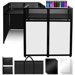 Portable DJ Booth 40" x 20", DJ Facade Table with Black/White Light Scrims, Foldable DJ Stand for Laptop and Controller,with Carry Bag, Cable Hole, Perfect for Bars, Clubs, Party, Private Events Portable DJ Booth 40" x 20", DJ Facade Table with Black/White Light Scrims, Foldable DJ Stand for Laptop and Controller,with Carry Bag, Cable Hole, Perfect for Bars, Clubs, Party, Private Events