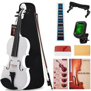 4/4 Solid Wood Violin Colorful Finish, Ebony Fittings, Student Full-Size Violin Starter Kit with Tuner, Shoulder Rest & Extra Strings (White) 4/4 Solid Wood Violin Colorful Finish, Ebony Fittings, Student Full-Size Violin Starter Kit with Tuner, Shoulder Rest & Extra Strings (White)