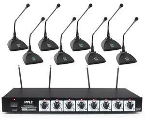8 Channel Wireless Microphone System - Portable VHF Cordless Audio Mic Set with 1/4" and XLR Output, Dual Antenna, - Includes 8 Table Top Mics, Rack Mountable Receiver Base - PDWM8300,Black 8 Channel Wireless Microphone System - Portable VHF Cordless Audio Mic Set with 1/4" and XLR Output, Dual Antenna, - Includes 8 Table Top Mics, Rack Mountable Receiver Base - PDWM8300,Black