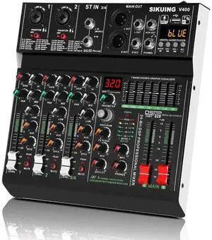 4 channel professional portable mixer, 320 DSP effects + 48V phantom power, Bluetooth sound card + 7-Band Eq Output, for PC recording, karaoke studio effects, and streaming playback 4 channel professional portable mixer, 320 DSP effects + 48V phantom power, Bluetooth sound card + 7-Band Eq Output, for PC recording, karaoke studio effects, and streaming playback