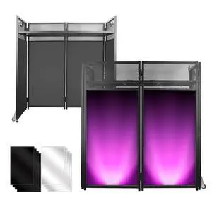 Portable DJ Booth Table 43"H with Metal Frame, Foldable Facade Stand with Wheels | Foldable Design With Wheels And Carry Handles, Stable Metal Structure, Dual Scrims For Events, Parties Portable DJ Booth Table 43"H with Metal Frame, Foldable Facade Stand with Wheels | Foldable Design With Wheels And Carry Handles, Stable Metal Structure, Dual Scrims For Events, Parties