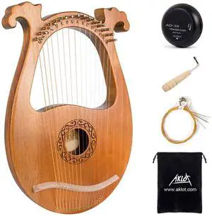 Lyre Harp, 16 Metal Strings Mahogany Body Lyra Harp with Maple Saddle Carved Note Tuning Wrench Pickup Strings and Black Gig Bag Lyre Harp, 16 Metal Strings Mahogany Body Lyra Harp with Maple Saddle Carved Note Tuning Wrench Pickup Strings and Black Gig Bag