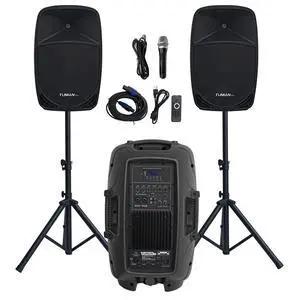 Dual 12 Inch 1000W High Powered PA Speaker System | Support bluetooth FM radio USB SD media playback includes two stands for outdoor karaoke events Dual 12 Inch 1000W High Powered PA Speaker System | Support bluetooth FM radio USB SD media playback includes two stands for outdoor karaoke events