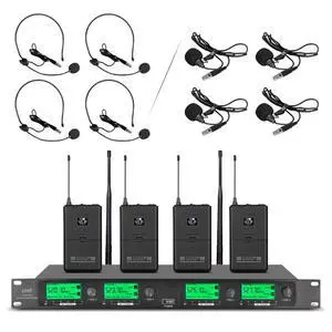 Wireless Microphone System Pro UHF 4 Channel 4 Lavalier Bodypacks 4 Lapel Mic 4 Headsets for Karaoke System Church Speaking Conference Wedding Party Wireless Microphone System Pro UHF 4 Channel 4 Lavalier Bodypacks 4 Lapel Mic 4 Headsets for Karaoke System Church Speaking Conference Wedding Party